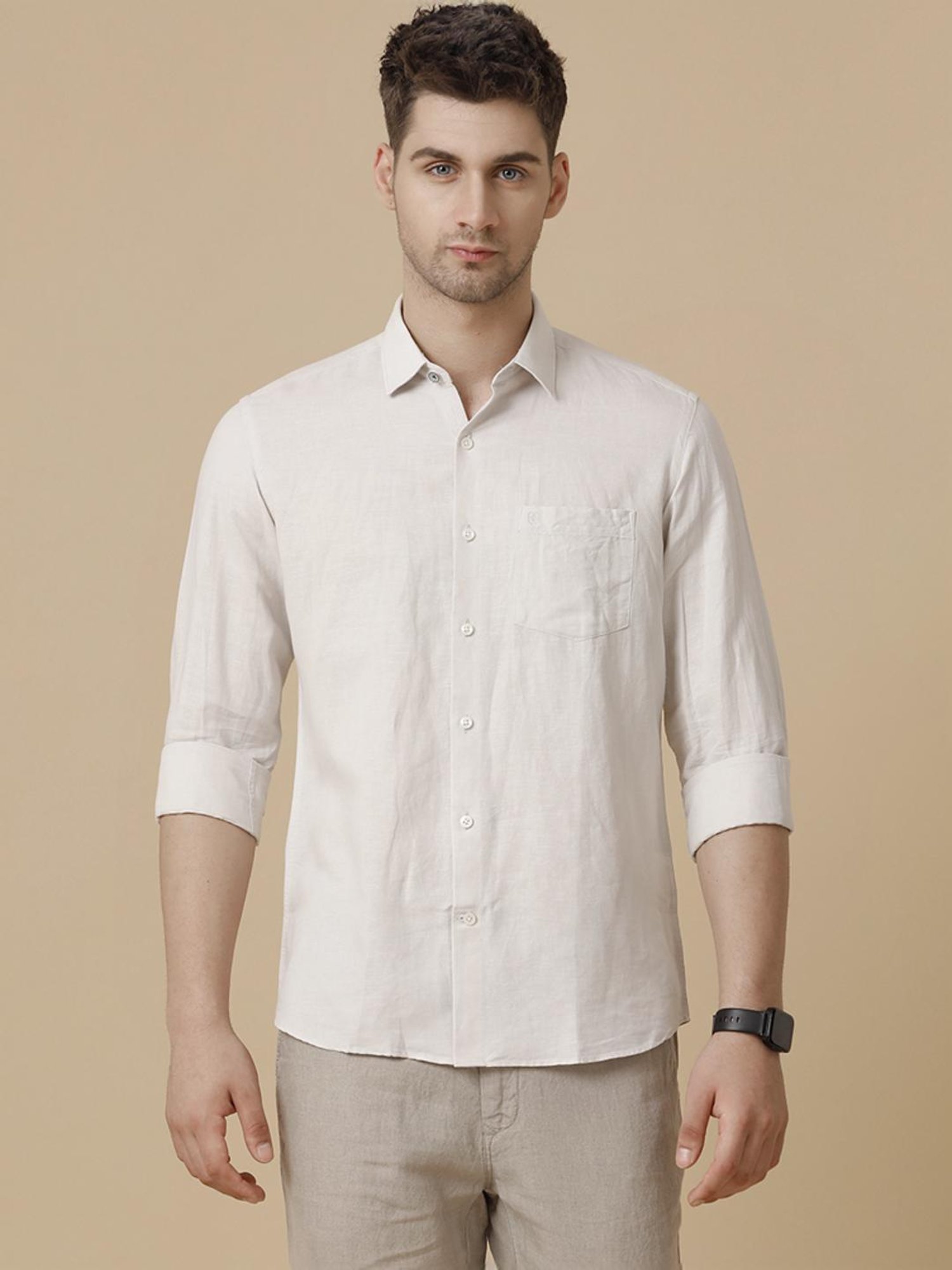 Linen Club Beige Linen Contemporary Fit Shirt