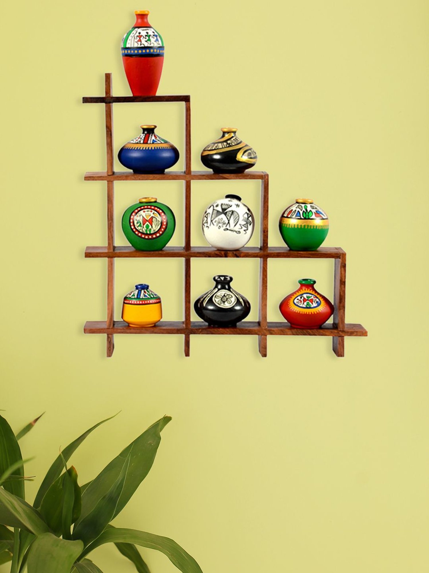 ExclusiveLane 9 Terracotta Warli Handpainted Pots With Sheesham Wooden Frame Wall Hanging