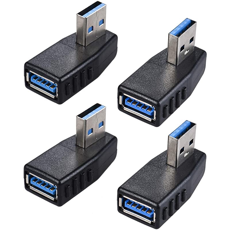 4-Pack USB 3.0 Male to Female Adapter 90 Degree Left Angle and Right Angle USB Cable Extender Connector - Upgraded Version Max 2A Charging Speed