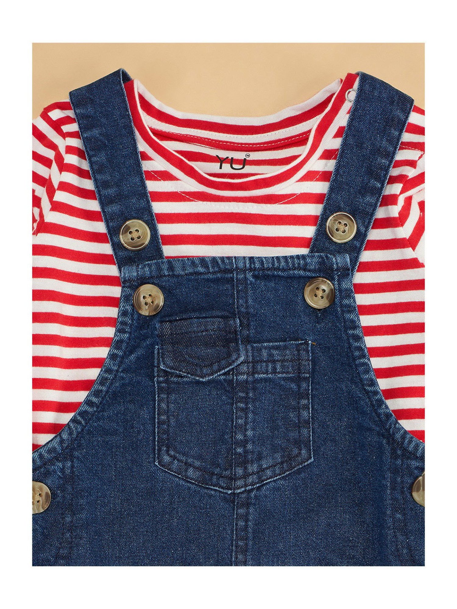 YU by Pantaloons Kids Blue Solid Full Sleeves T-Shirt with Dungaree