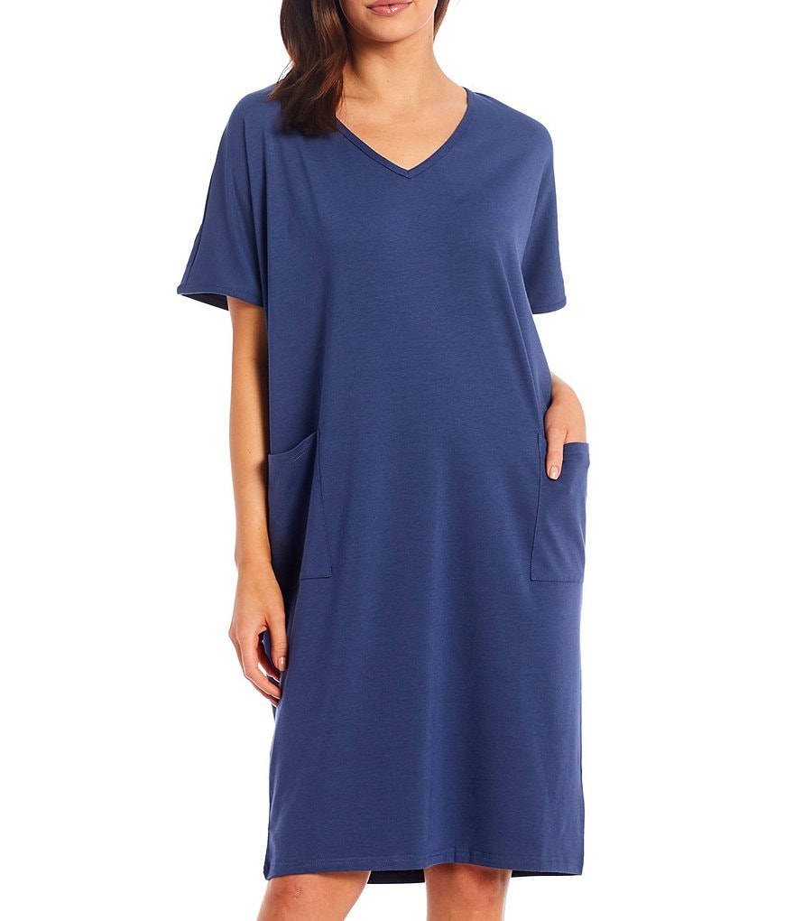 Kate Landry Solid Knit V-Neck Short Sleeve Midi Lounge Dress