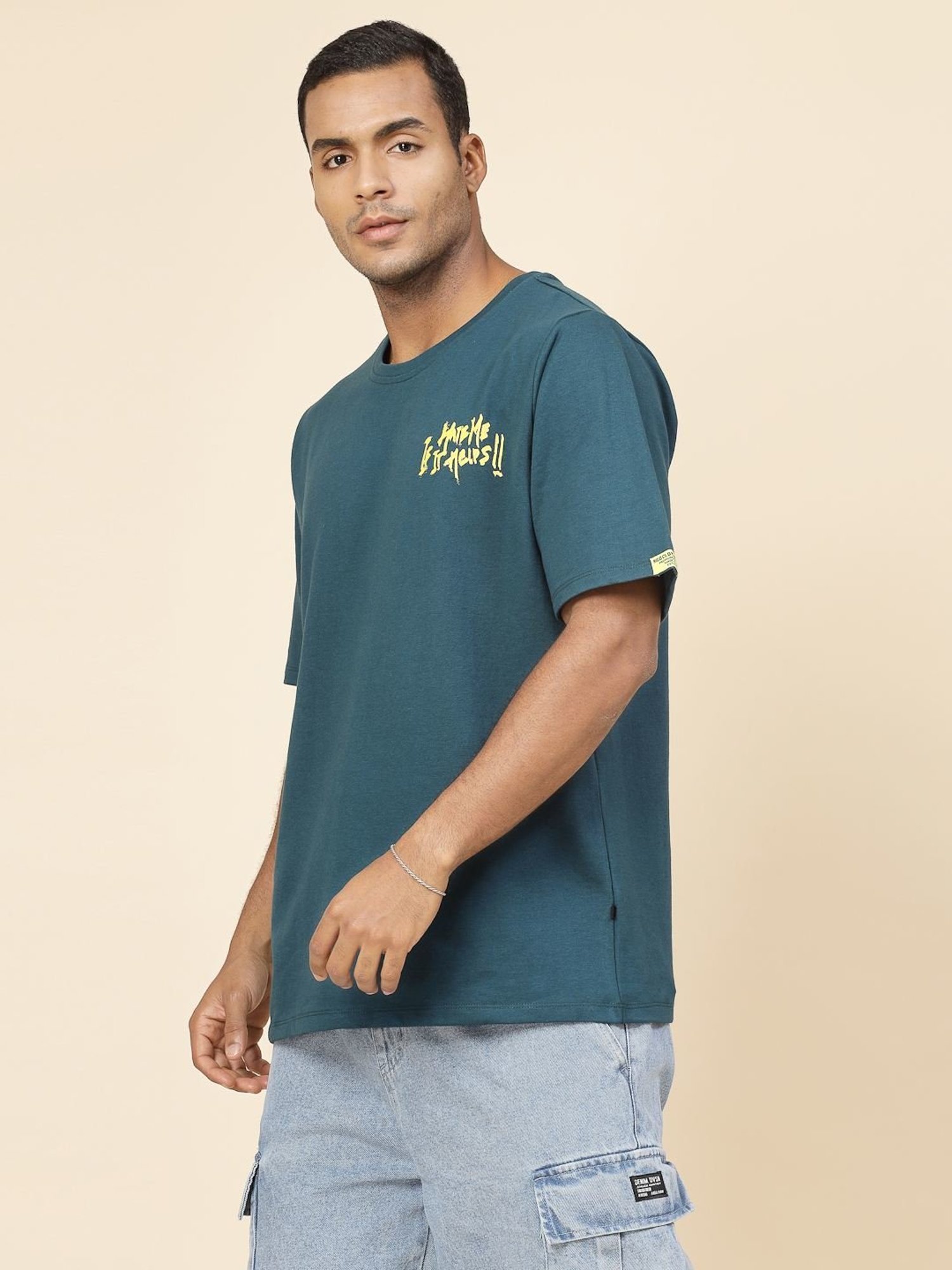 Rigo Teal Cotton Loose Fit Typography T-Shirt