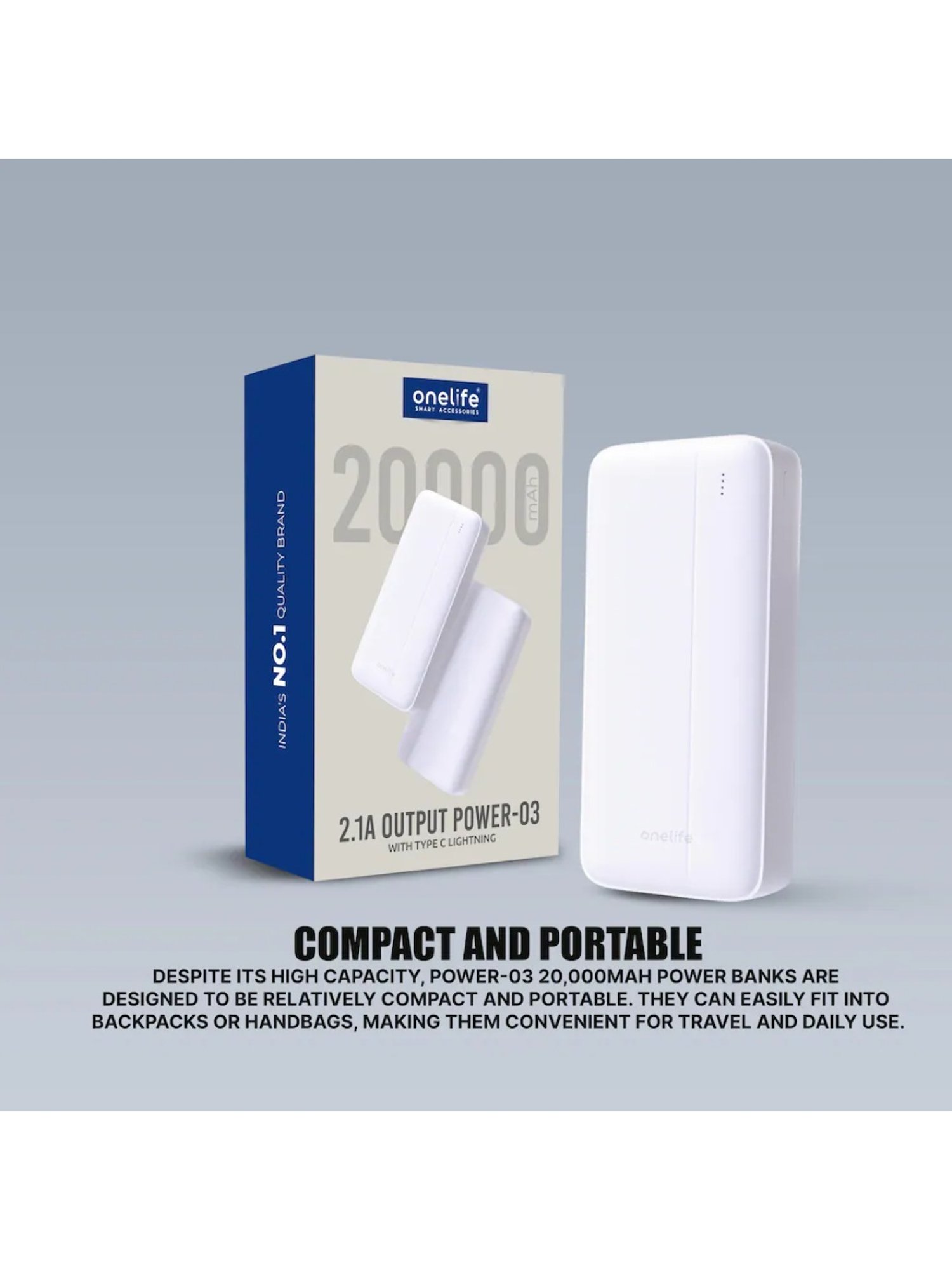 Onelife Power 03, 20000mAh 12W Lithium-Polymer Power Bank with Dual Input, Dual Output (White)