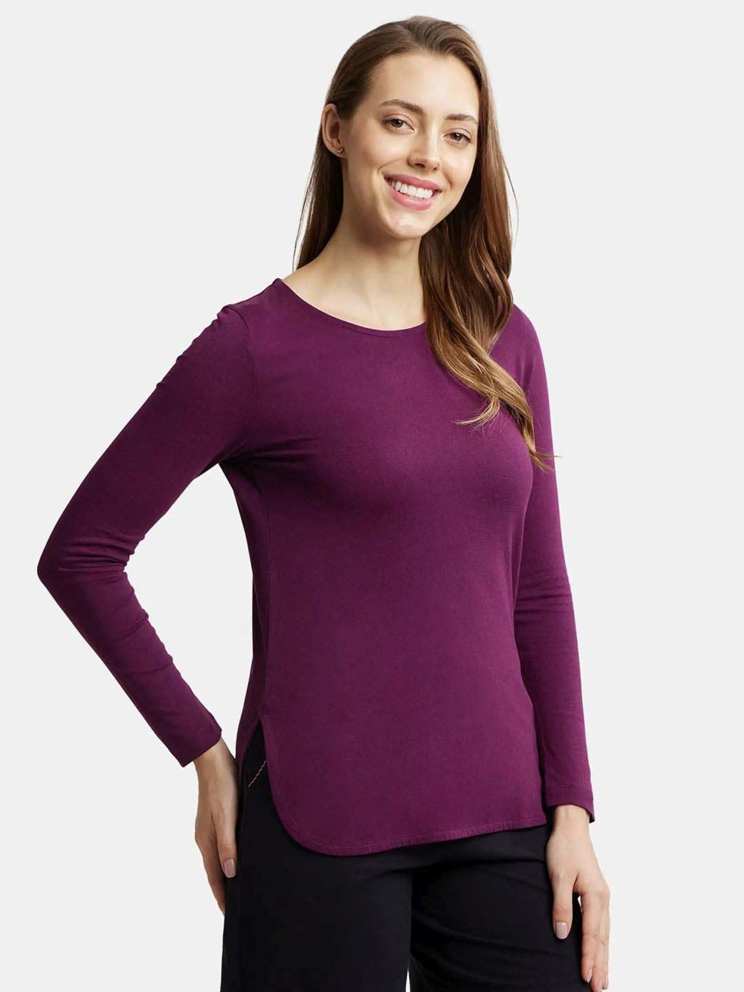 Jockey RX21 Women's Micro Modal Cotton Relaxed Fit Solid Round Neck Full Sleeve T-Shirt