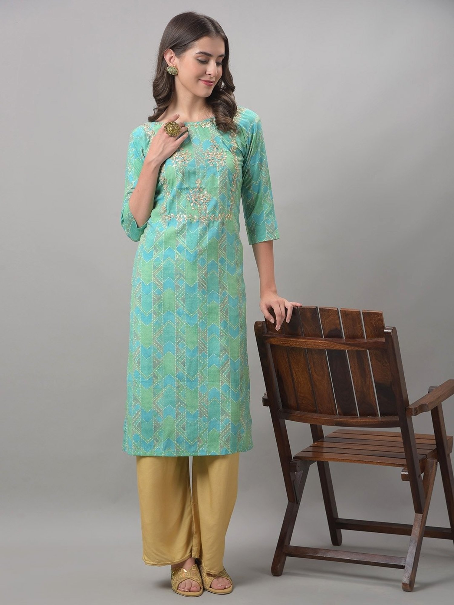 Dollar Missy Green & Blue Embroidered Straight Kurta