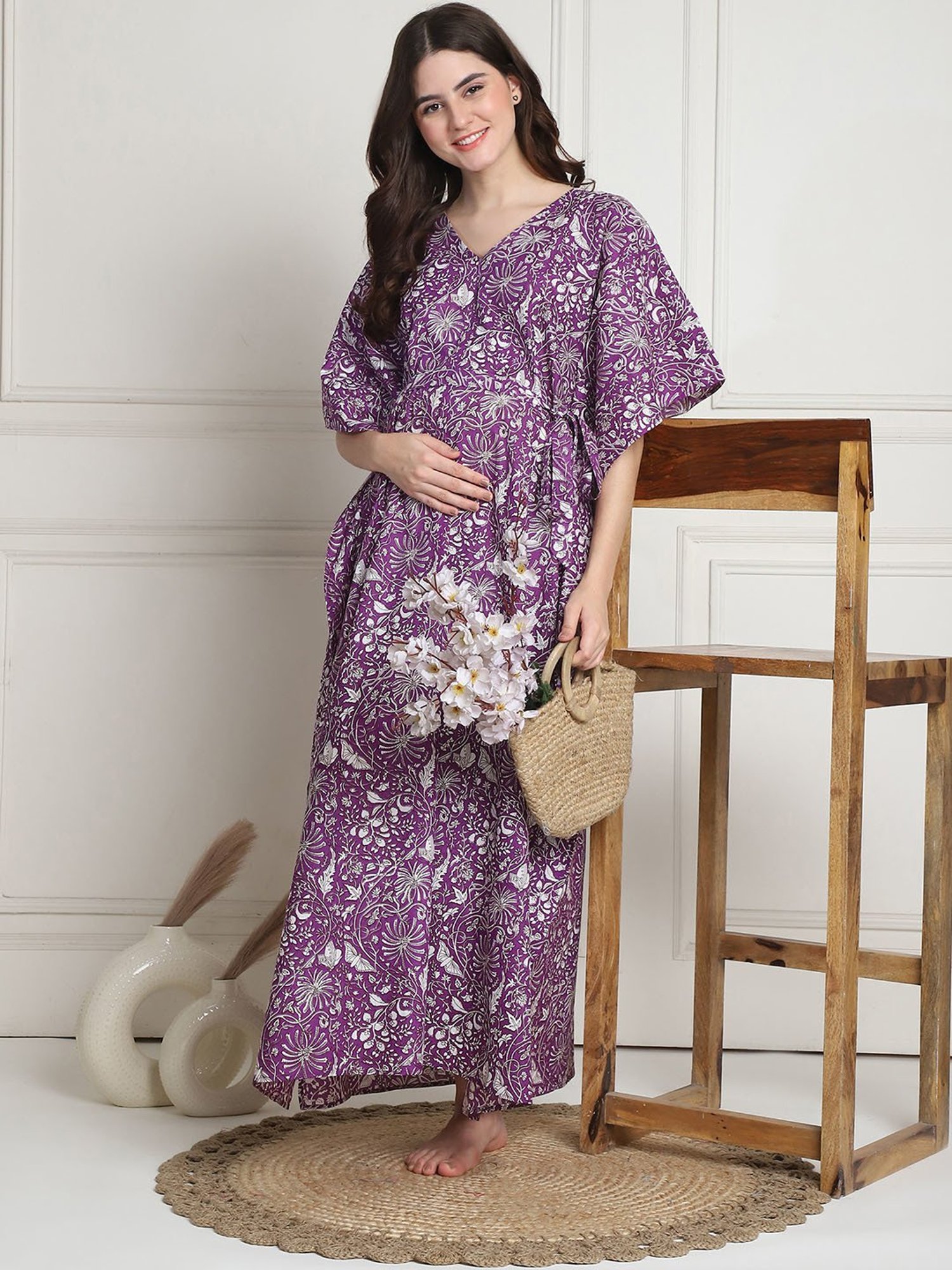 Secret Wish Purple Floral Print Maternity Kaftan Night Dress