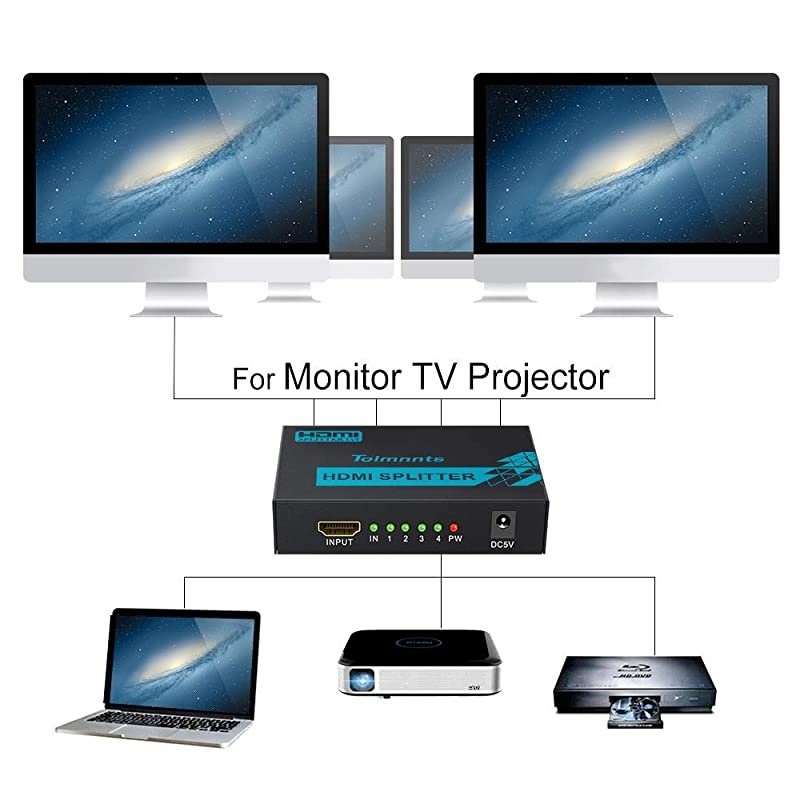 HDMI Splitter 1 in 4 Out Powered by AC Adapter, Supports 4K@30Hz 3D Full HD1080P, Compatible with Xbox PS3 PS4 Fire Stick Roku Blu-Ray Player HDTV - 1 Input to 4 Outputs