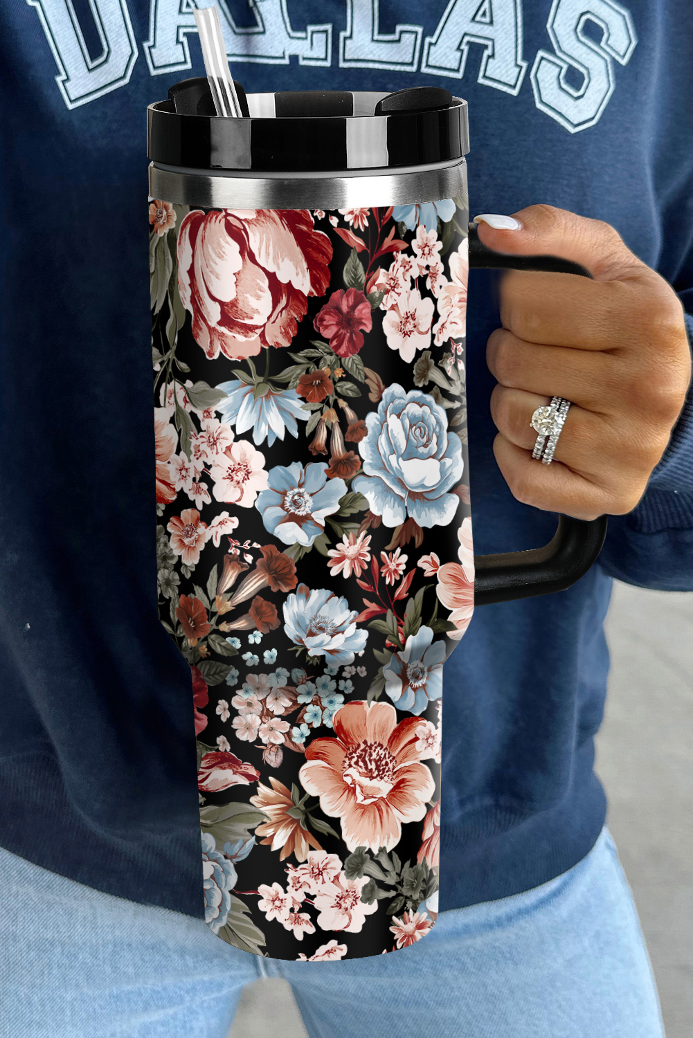 Pink Checkered Print Handled Stainless Steel Tumbler Cup