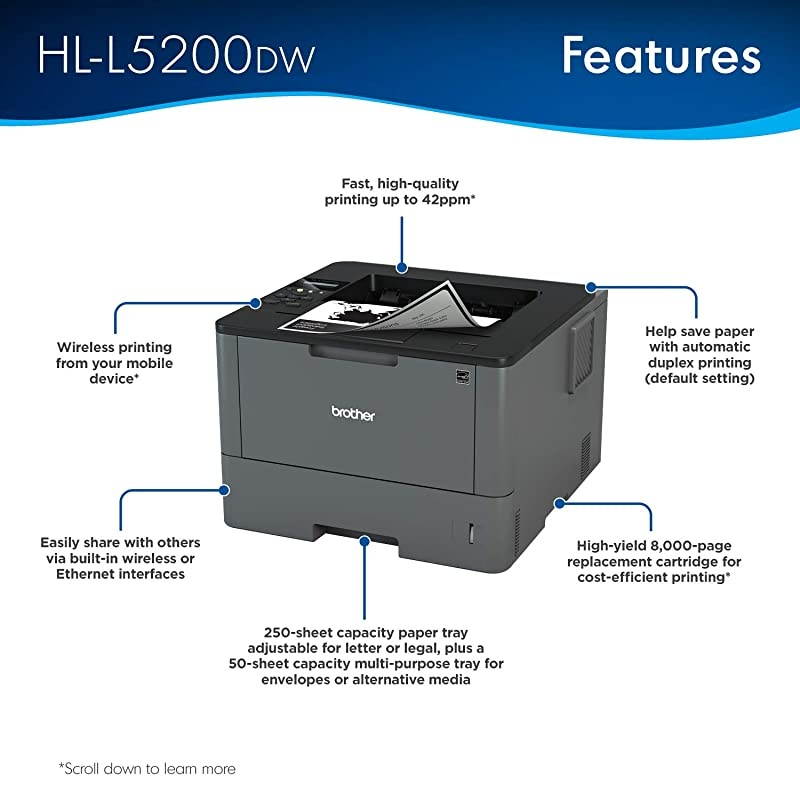 Monochrome Laser Printer, HL-L5200DW, Wireless Networking, Mobile Printing, Duplex Printing,  Dash Replenishment Ready