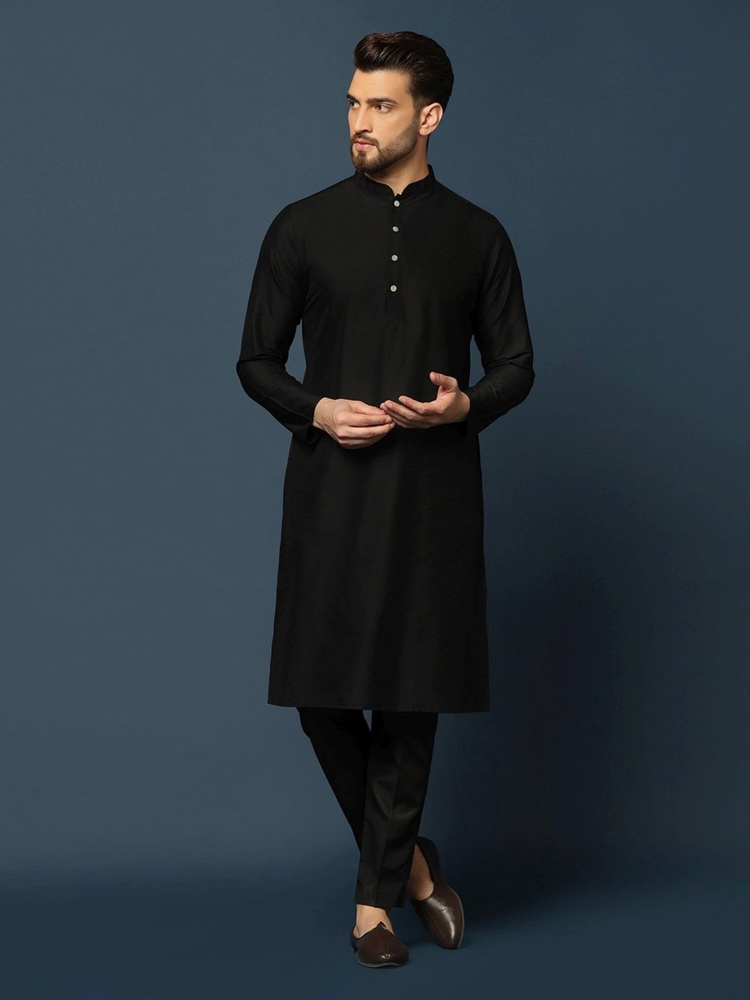 KISAH Navy Cotton Regular Fit Self Pattern Sherwani Set