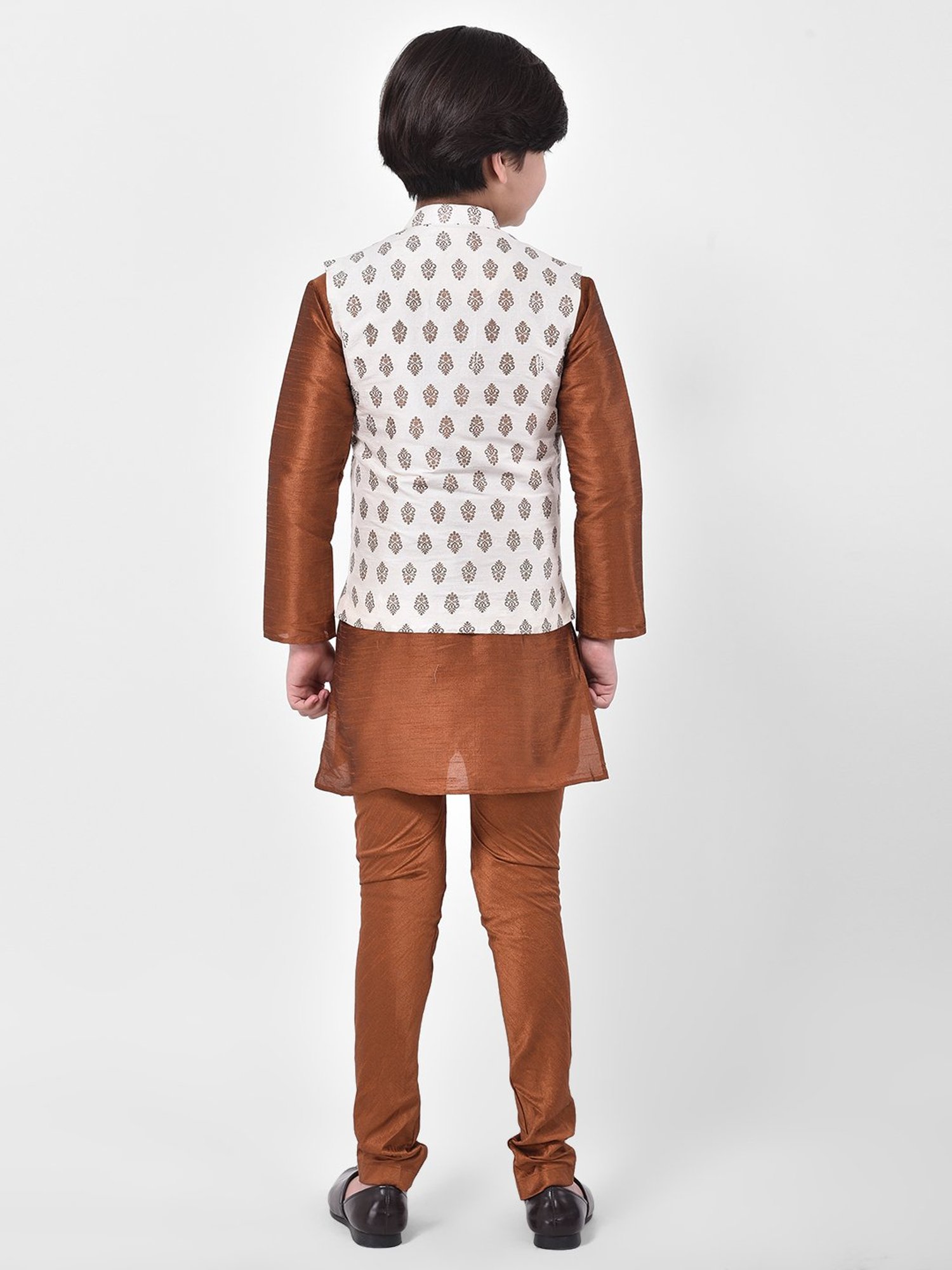 Deyann Kids Brown & Off White Self Design Full Sleeves Kurta, Churidar Pants with Nehru Jacket
