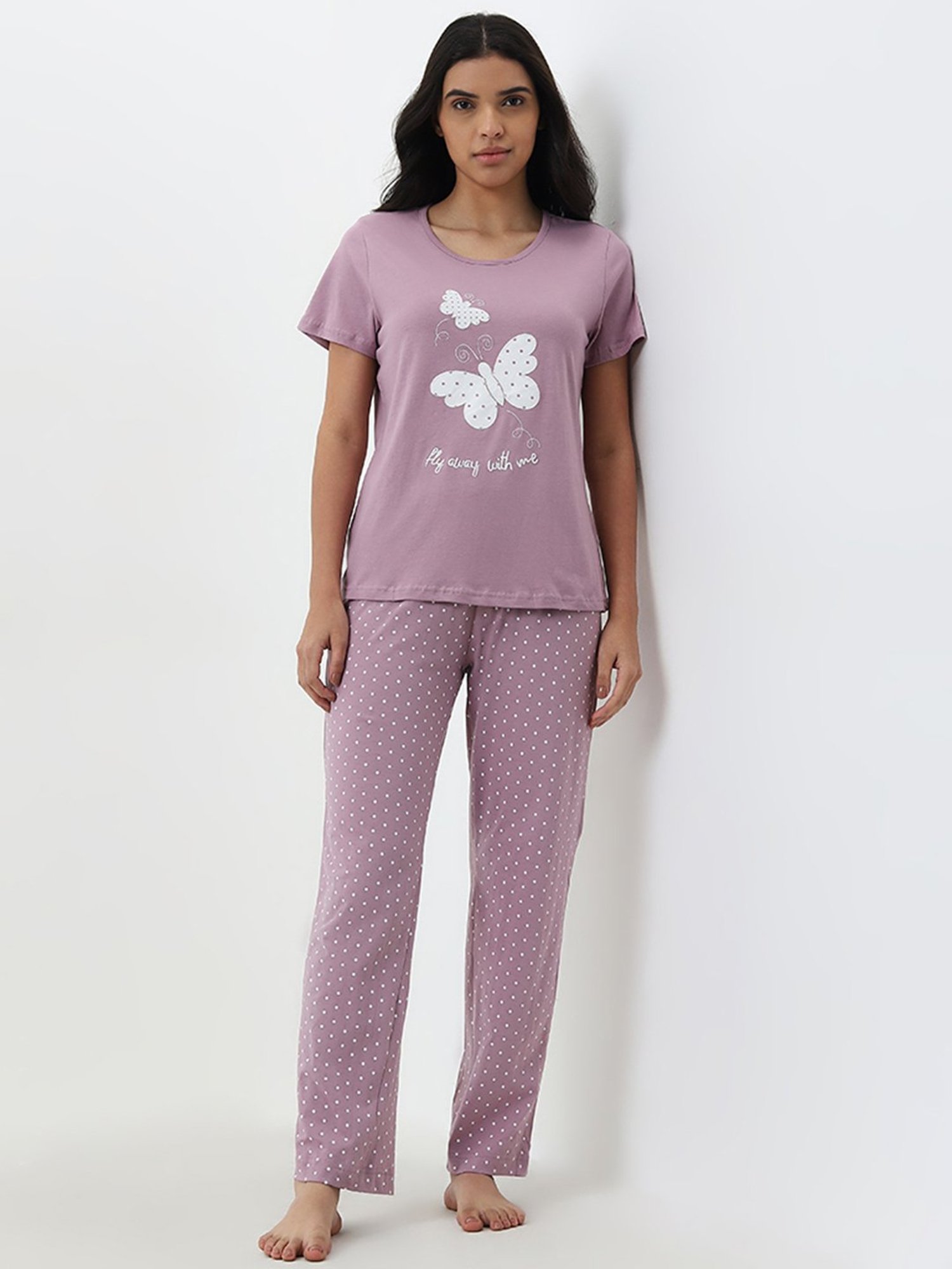 Wunderlove by Westside Pink Dots Printed Cotton Pyjamas Set In A Bag