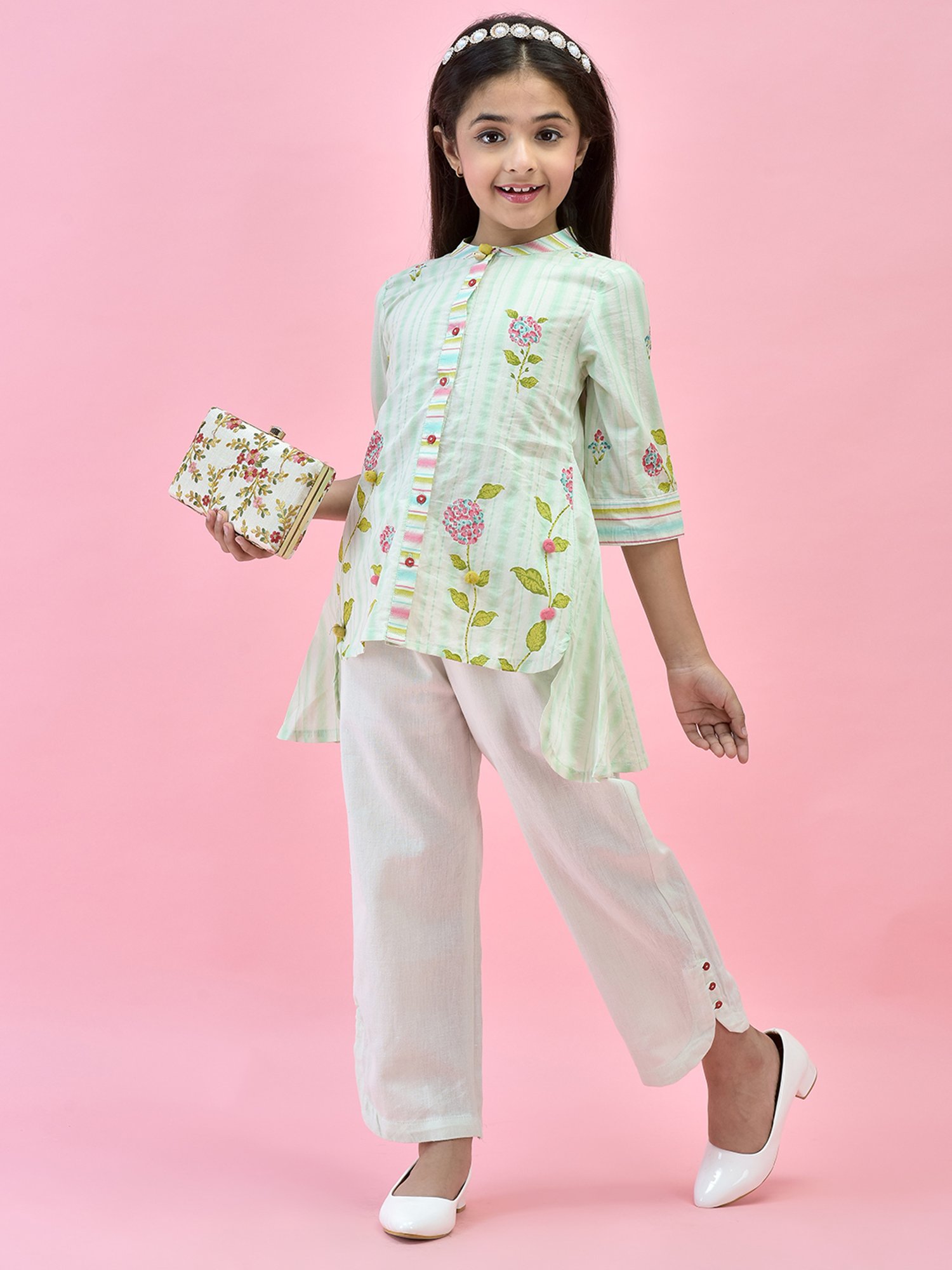 Juniper Girls Green Floral Print Shirt With Pants