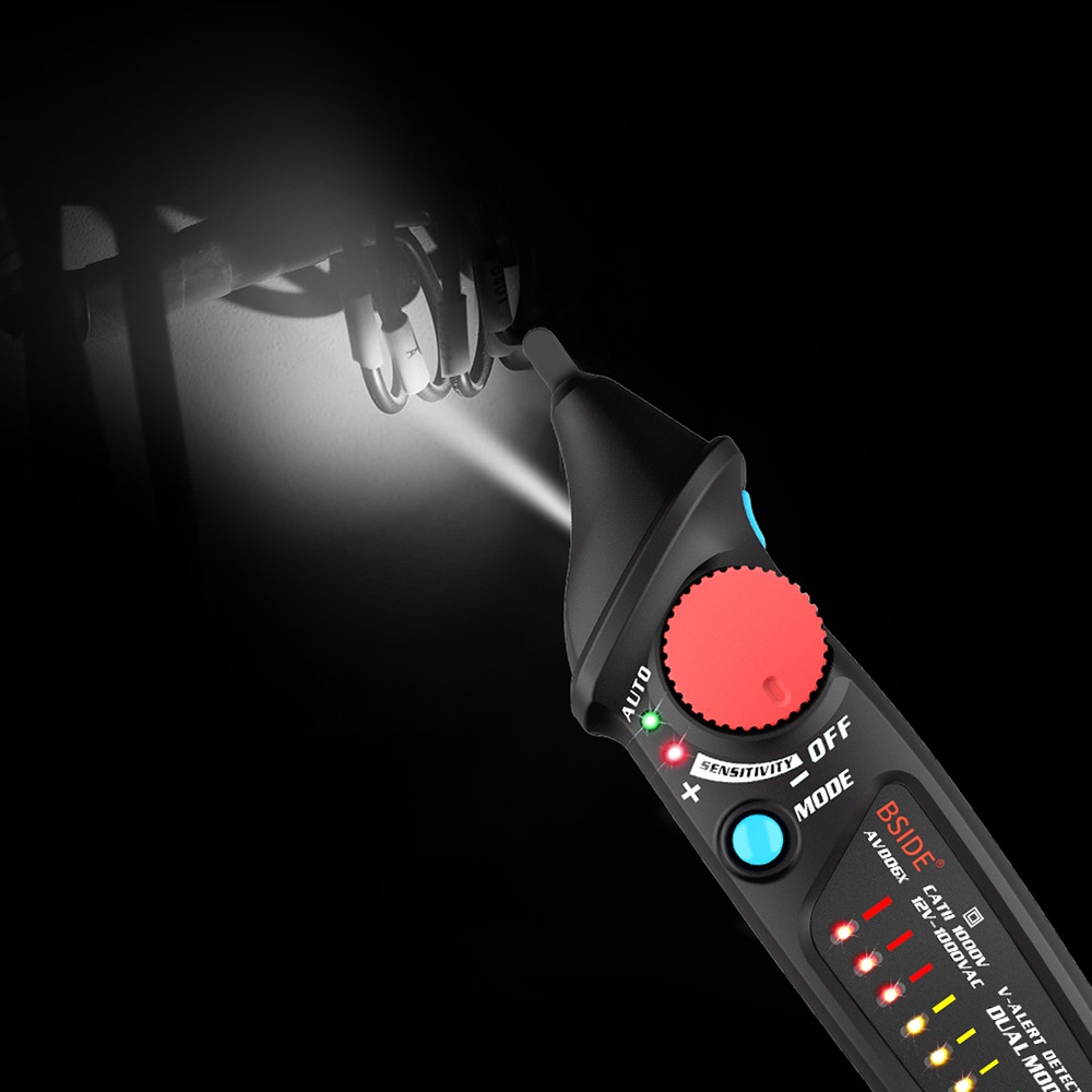 BSIDE Non-contact AC Voltage Tester Pen Shaped V~Alert Detector Auto/Manual Dual Mode NCV Tester Live Wire Check with Adjustable Sensitivity Sound and Light Alarm