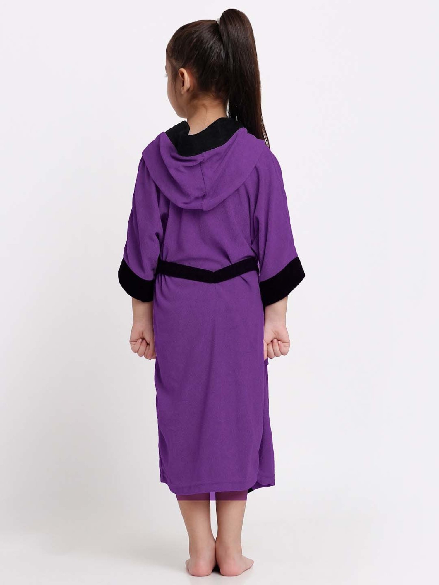 Creeva Melodious Indigo & Black Micro Terry 225 GSM Kids Hooded Bathrobe 6-7 Years With Pocket