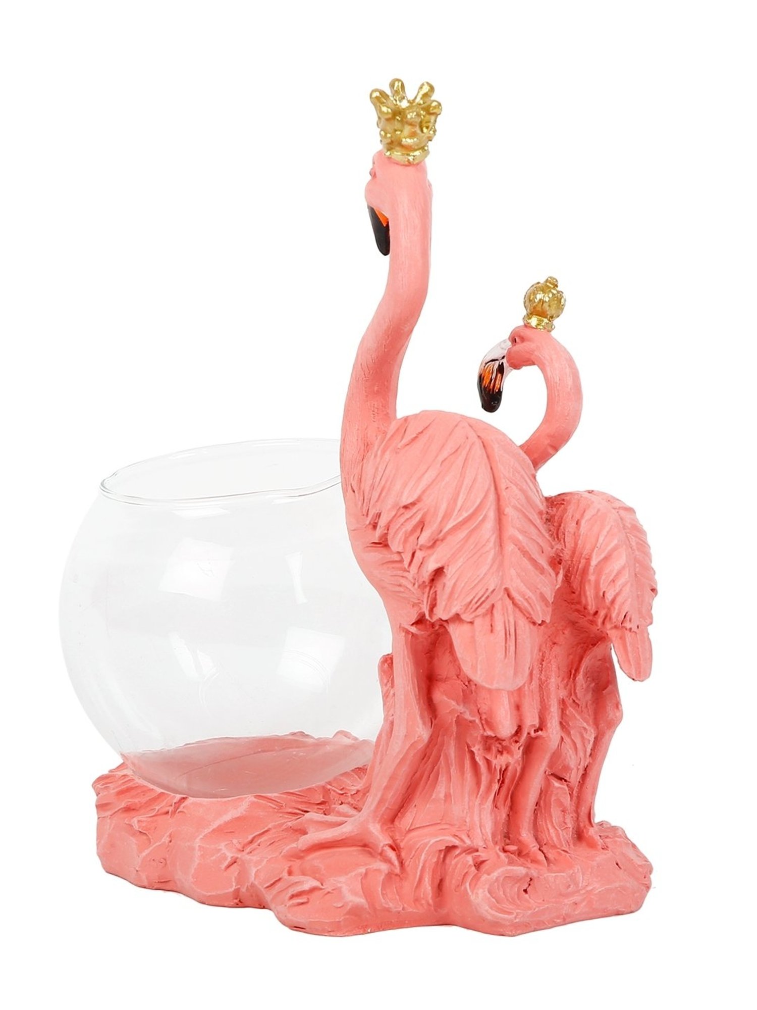 Tayhaa Pink & Transparent Polyresin Flamingo Showpiece with Glass Bowl - Set of 1