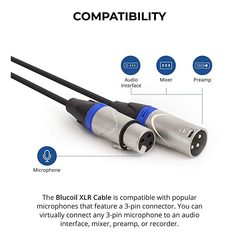 Audio 10-FT Balanced XLR Cable with 24 AWG Copper Wire and PVC Jacket - 3-Pin Male to Female Microphone Cord for Audio Interfaces, Mixers, Preamps, and Recorders