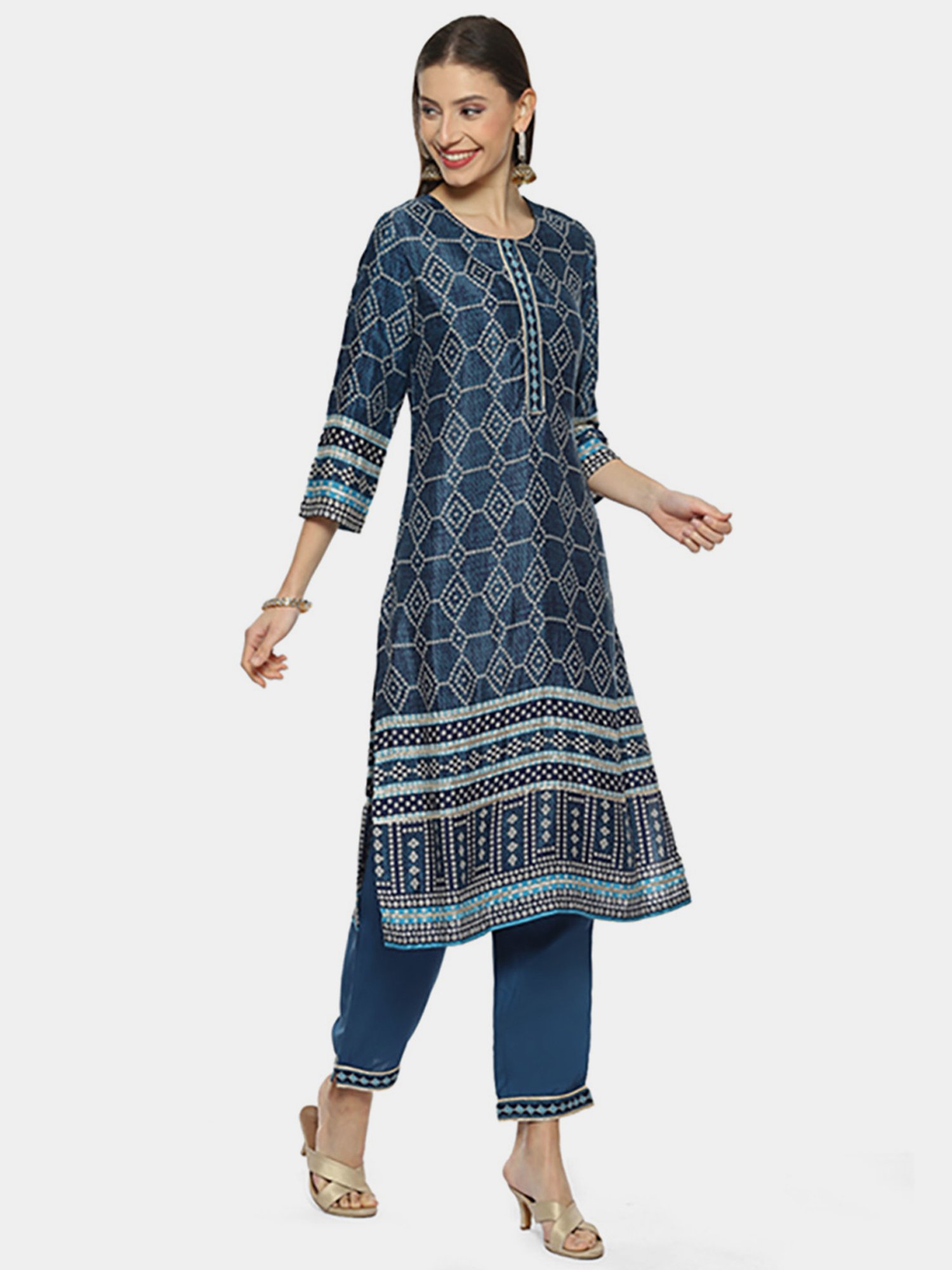 Biba Blue Printed Kurta Pant Set With Dupatta