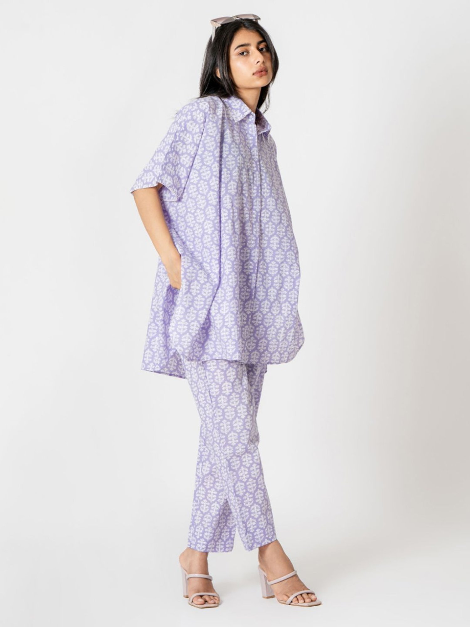 Kameez by Pooja Pale Lilac Capsule 24 Hand Print Cotton Kaftan and Pant Co-ord Set