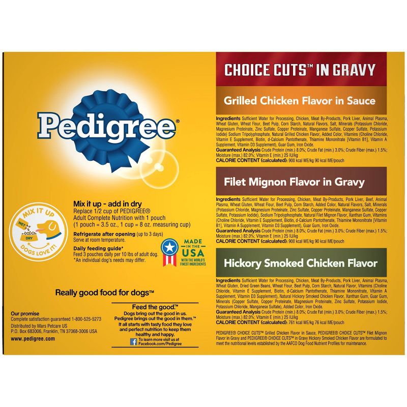 Pedigree Pouch Choice Cuts In Gravy Wet Dog Food Grilled Chicken, Filet Mignon & Smoked Chicken - 3.5oz/18ct Variety Pack