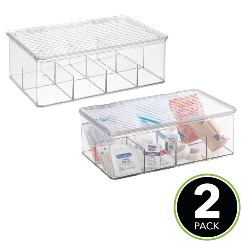 mDesign Divided First Aid Kit Storage Box for Cabinet, Closet, 2 Pack - Clear