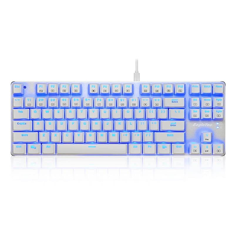 KG061-BR Blue LED Backlit Mechanical Gaming Keyboard Low Profile Mechanical Gamers Keyboard 87 Key Mechanical Computer USB Gaming Keyboard for PC Quiet Cherry Brown Switches (White Version)