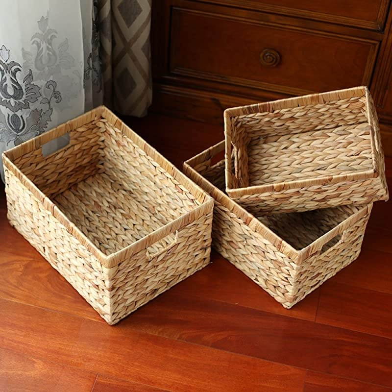 Storage BasketsWoven Natural Water hyacinth Box with HandleSet of 3