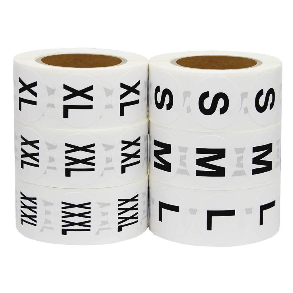 Hcode 1 Inch White Round Retail Clothing Size Label Adhesive Apparel Size Stickers A Set of 6 Rolls S M L XL XXL XXXL Total 3000 Pieces