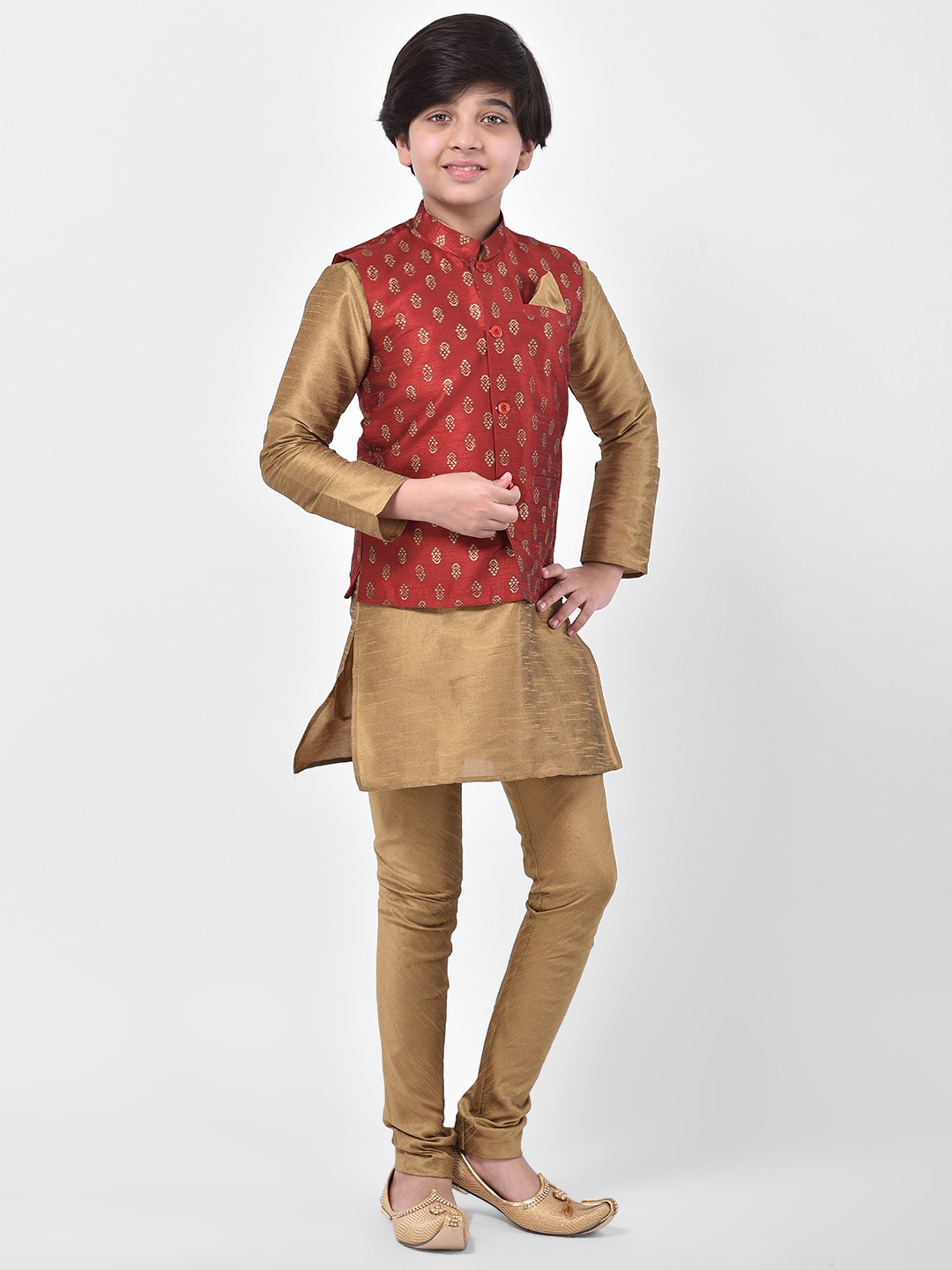 Deyann Kids Brown & Red Self Design Full Sleeves Kurta, Churidar Pants with Nehru Jacket