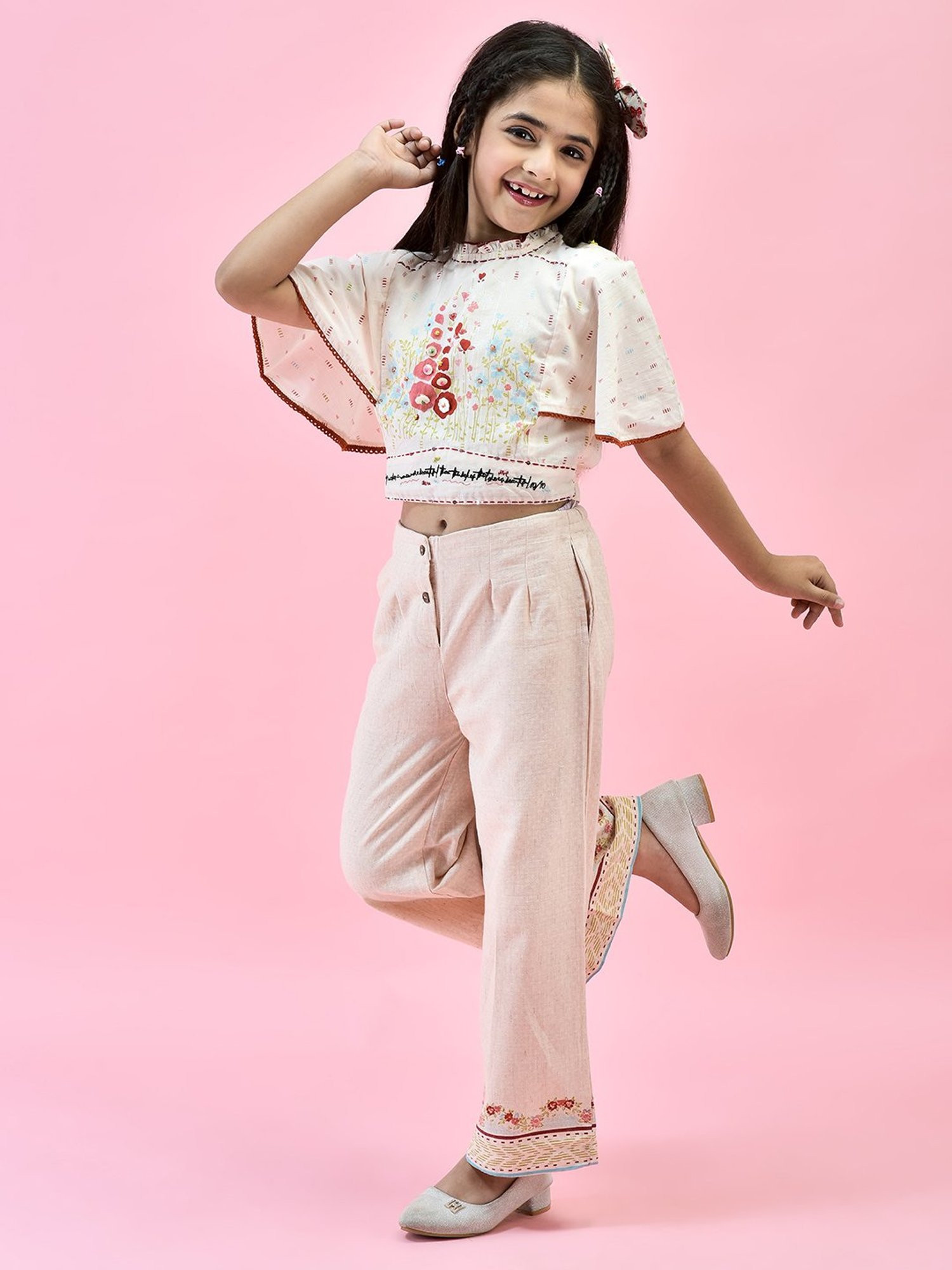 Juniper Girls Pink Floral Print Crop Top With Pants