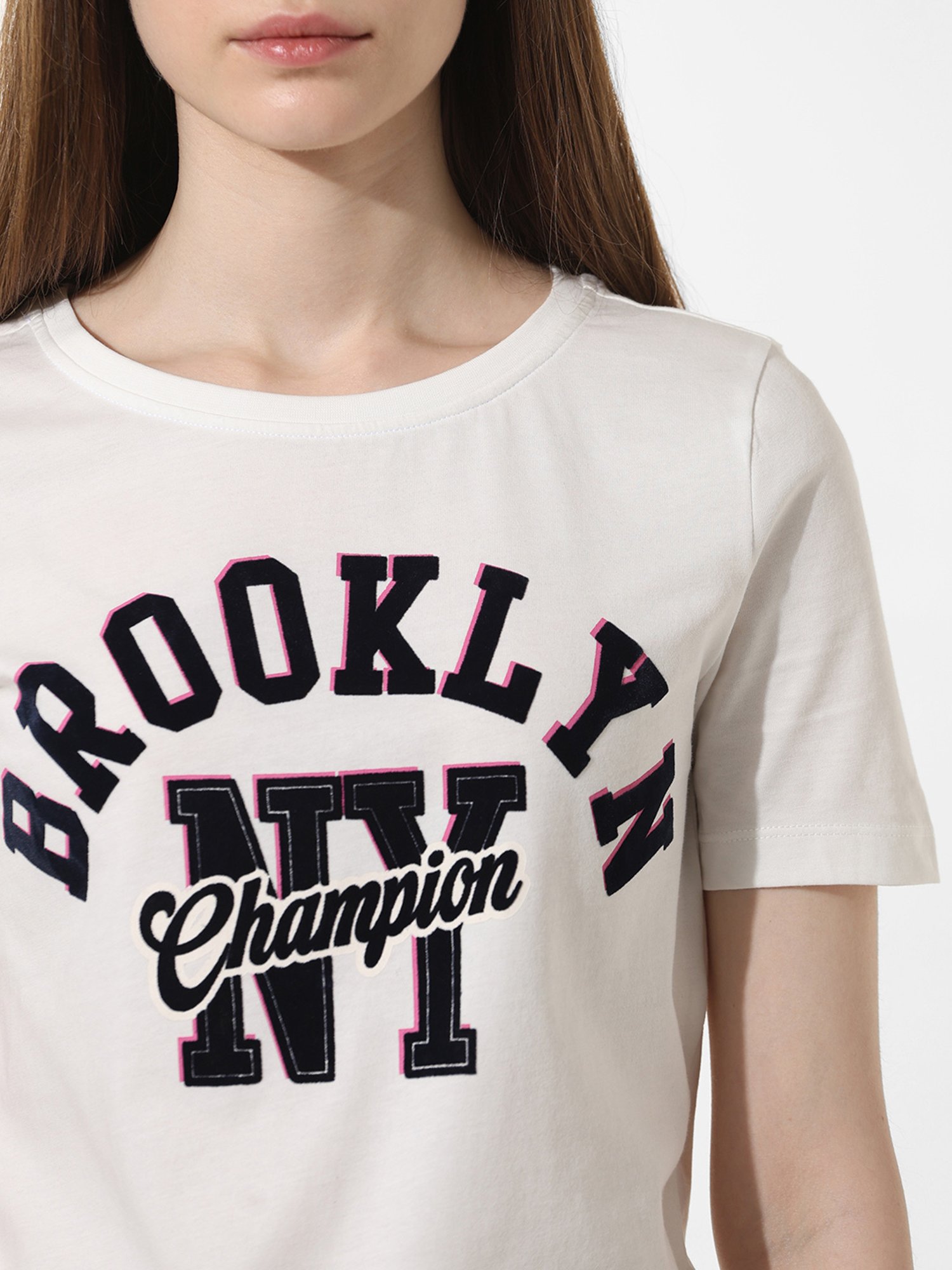 Only White & Black Cotton Graphic Print T-Shirt