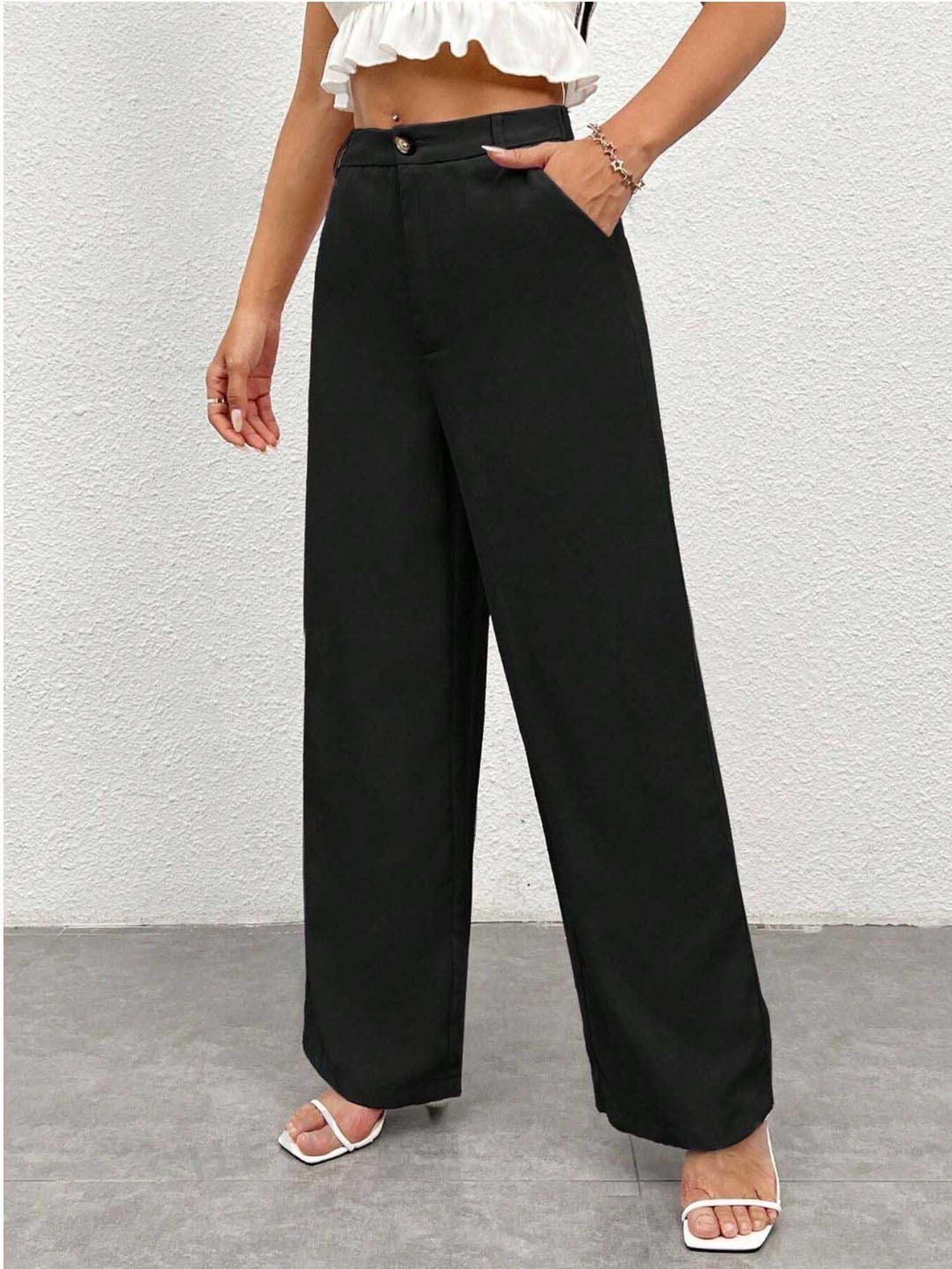 BUYNEWTREND Black High rise Formal Trousers