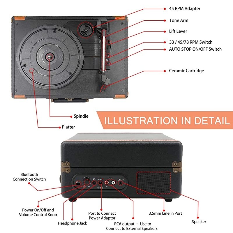 Bluetooth Turntable with Stereo Speakers3 Speed Vinyl Record Player Supporting Wireless Connection Retro Black
