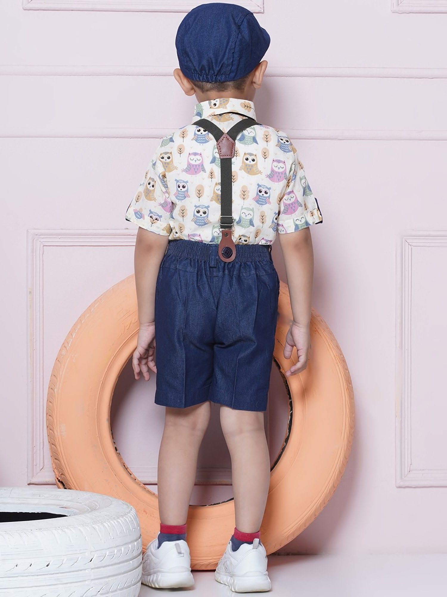 AJ Dezines Kids Blue & White Printed Shirt, Shorts, Suspender, Bow with Cap