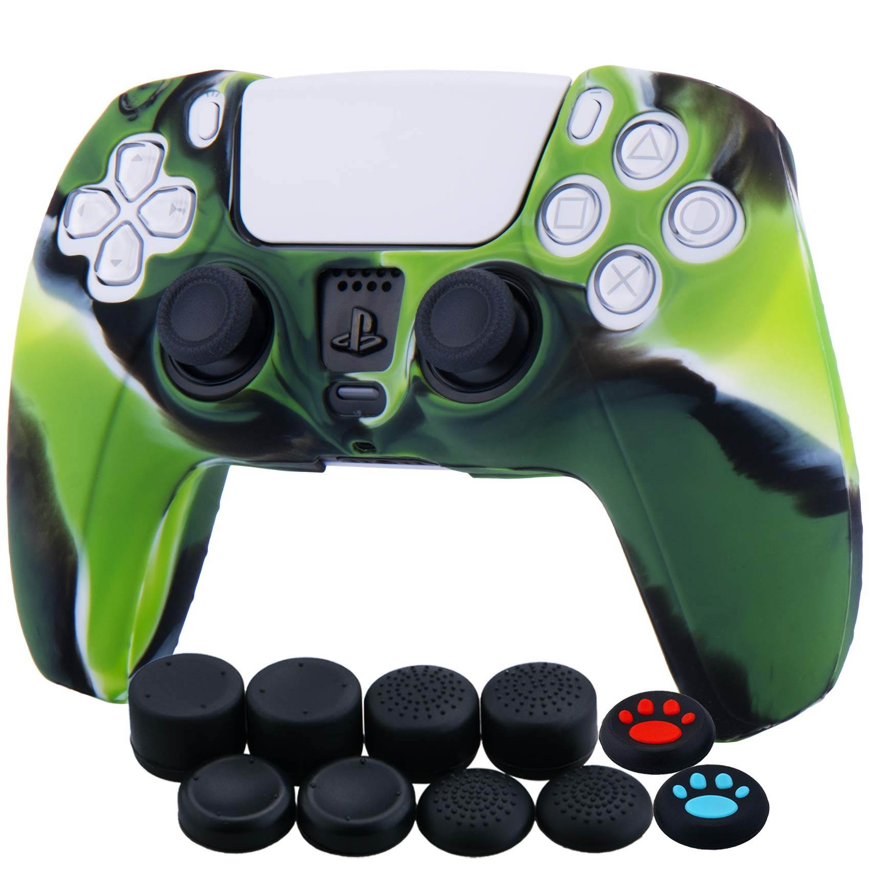 Silicone Cover Skin Case for Sony PS5 Dualsense Controller x 1(Camouflage Green) with Thumb Grips x 10