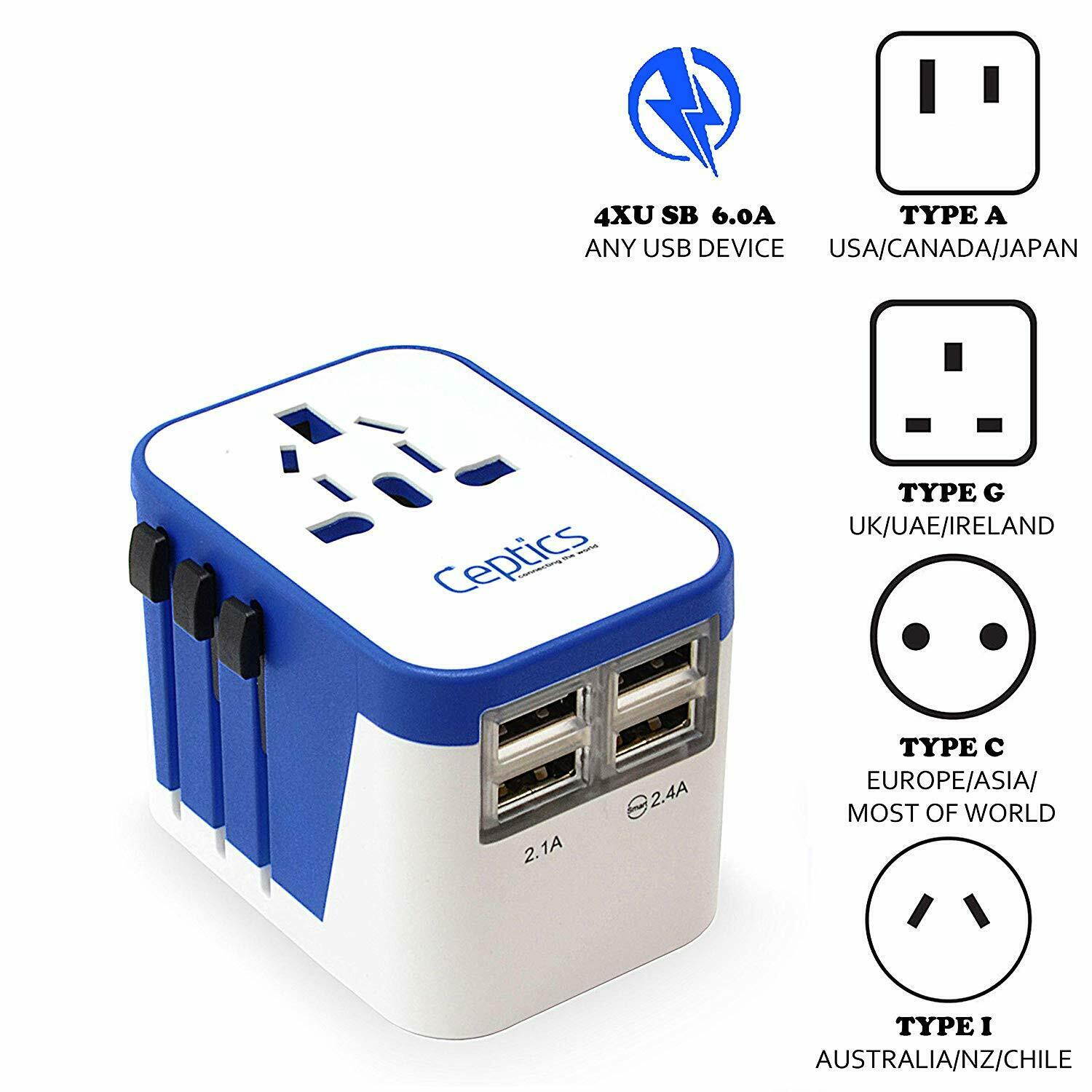 Ceptics Travel Adapter Plug World Power W/ 4 USB Ports - Charge Cell Phones, Smart Watches, iPhones All over the World - For International Europe, China, UK, UAE, Australia - Type A, C, G, I (UP-9KU)