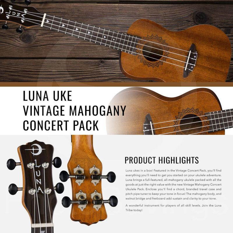 Luna Uke Vintage Mahogany Concert Acoustic Ukulele Pack with Ukulele Strap and Microfiber Cloth