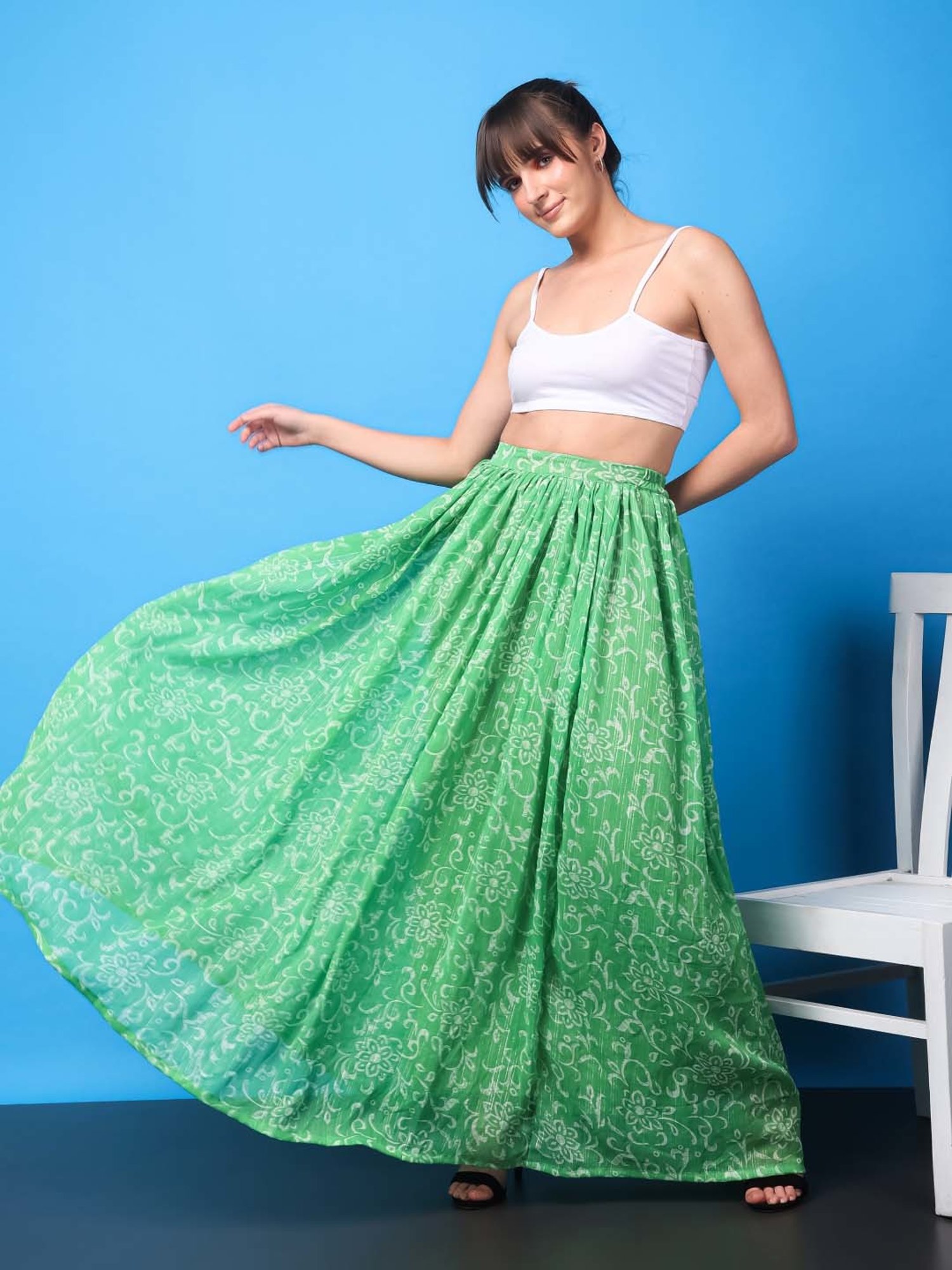 Belle Fille Sky Blue & Beige Printed Skirt