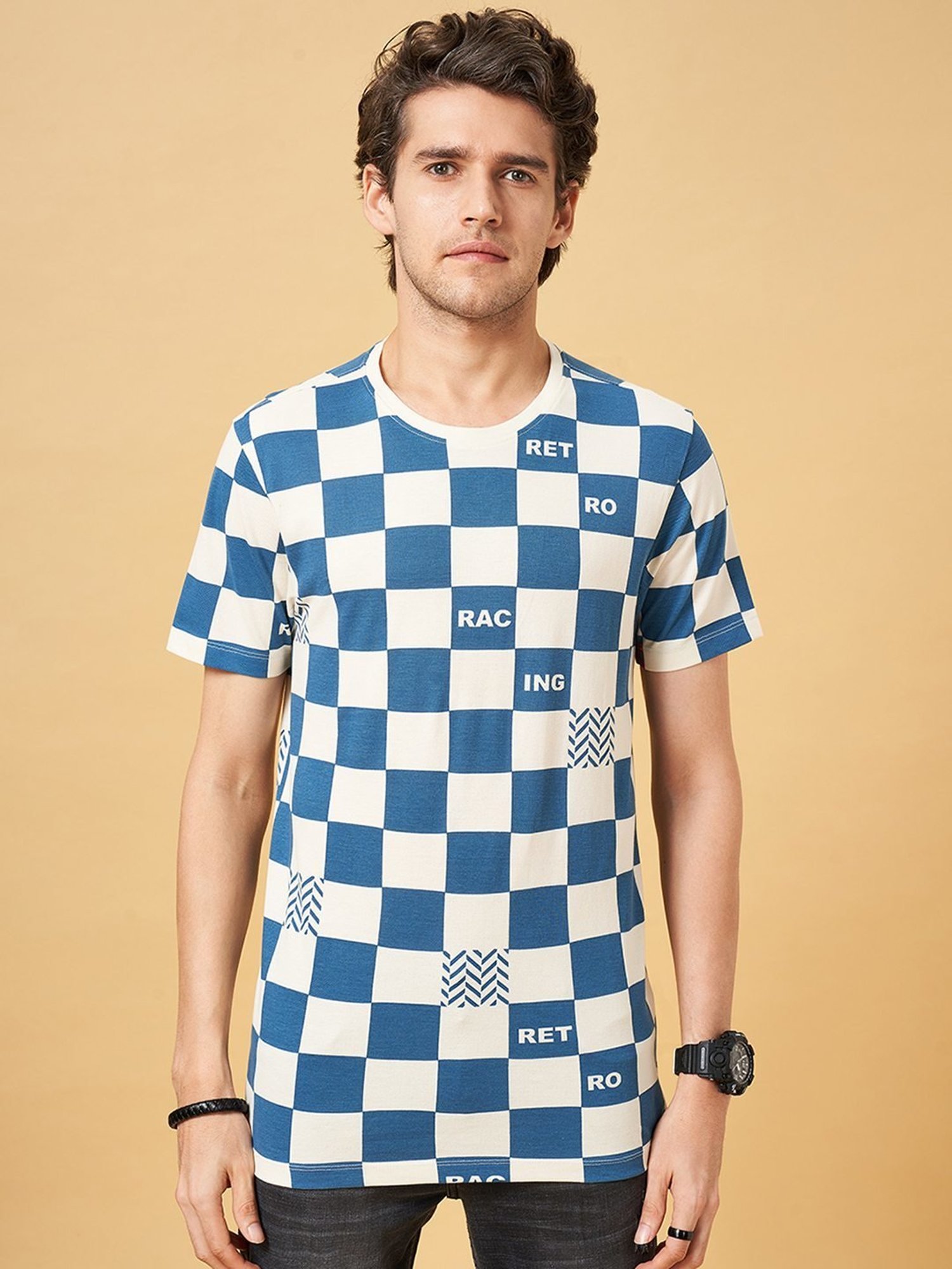 SF Jeans by Pantaloons Bluestone Cotton Slim Fit Checks T-Shirt