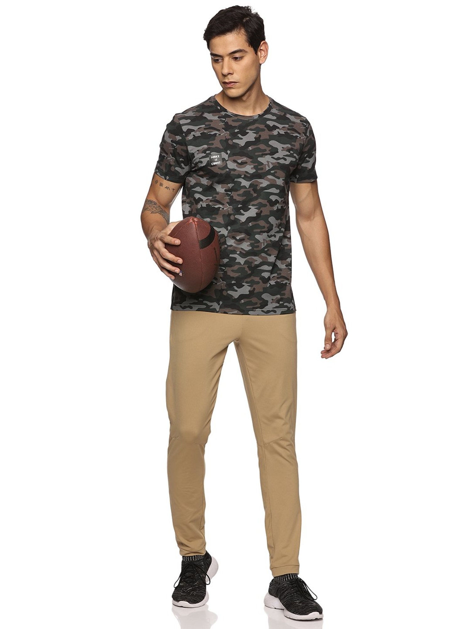 DOMIN8 Men Cotton Regular Fit Round Neck Camouflage Green Sports T-Shirt