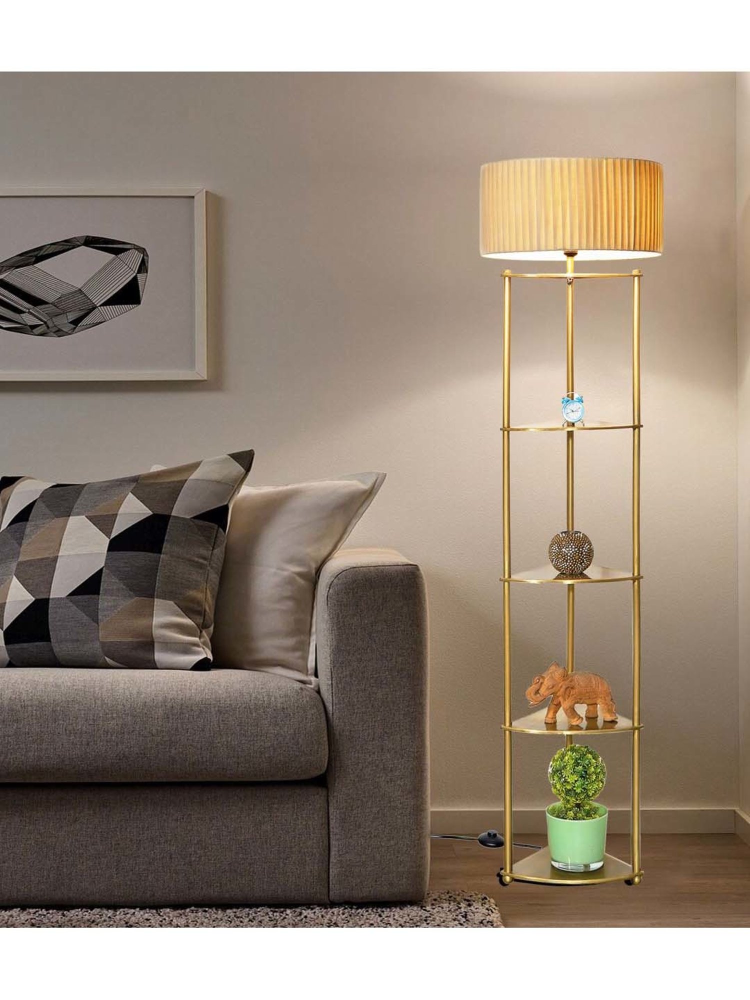 Kapoor E Illuminations Devan Antique Brass Metal Multiutility Shelf Floor Lamp