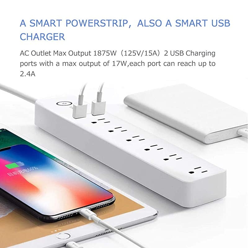 6Outlet Surge Protector Power Strip with 2 Fast Charging USB PortDesktop Charging Station 6 ft Extension Cord for Cruise Ship Dorm Room Multi Plug Extender White