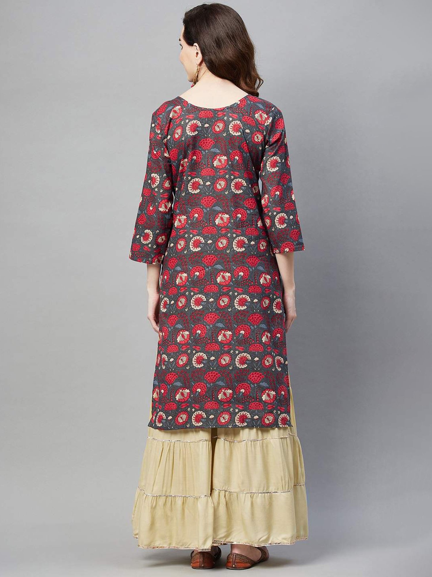 Aarika Grey Cotton Floral Print Straight Kurta