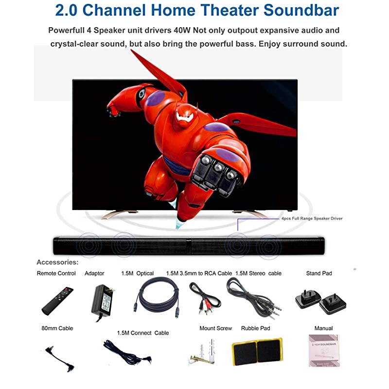 40W Detachable Soundbar TV Speaker, Flat Screen TV Sound Bar Wired & Wireless Bluetooth Sound Bars with Stereo Audio System 3D Surround Sound System Home Theater Speaker with Remote/Optical