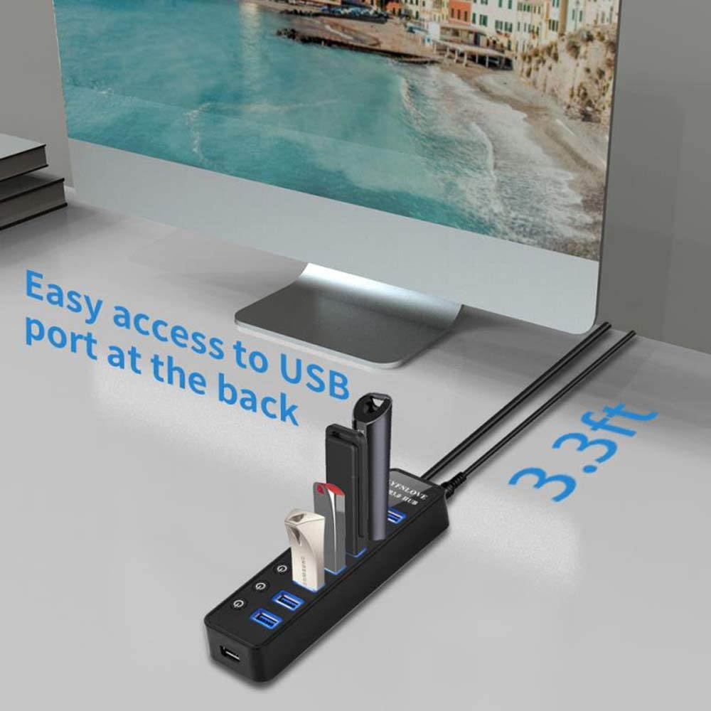 Powered USB 3.0 Hub, 7-Port Data USB Hub with Power Adapter and One Smart Charging Port, USB Splitter with Individual On/Off Switches for MacBook, Mac Pro/Mini, iMac, Surface Pro Laptop/PC