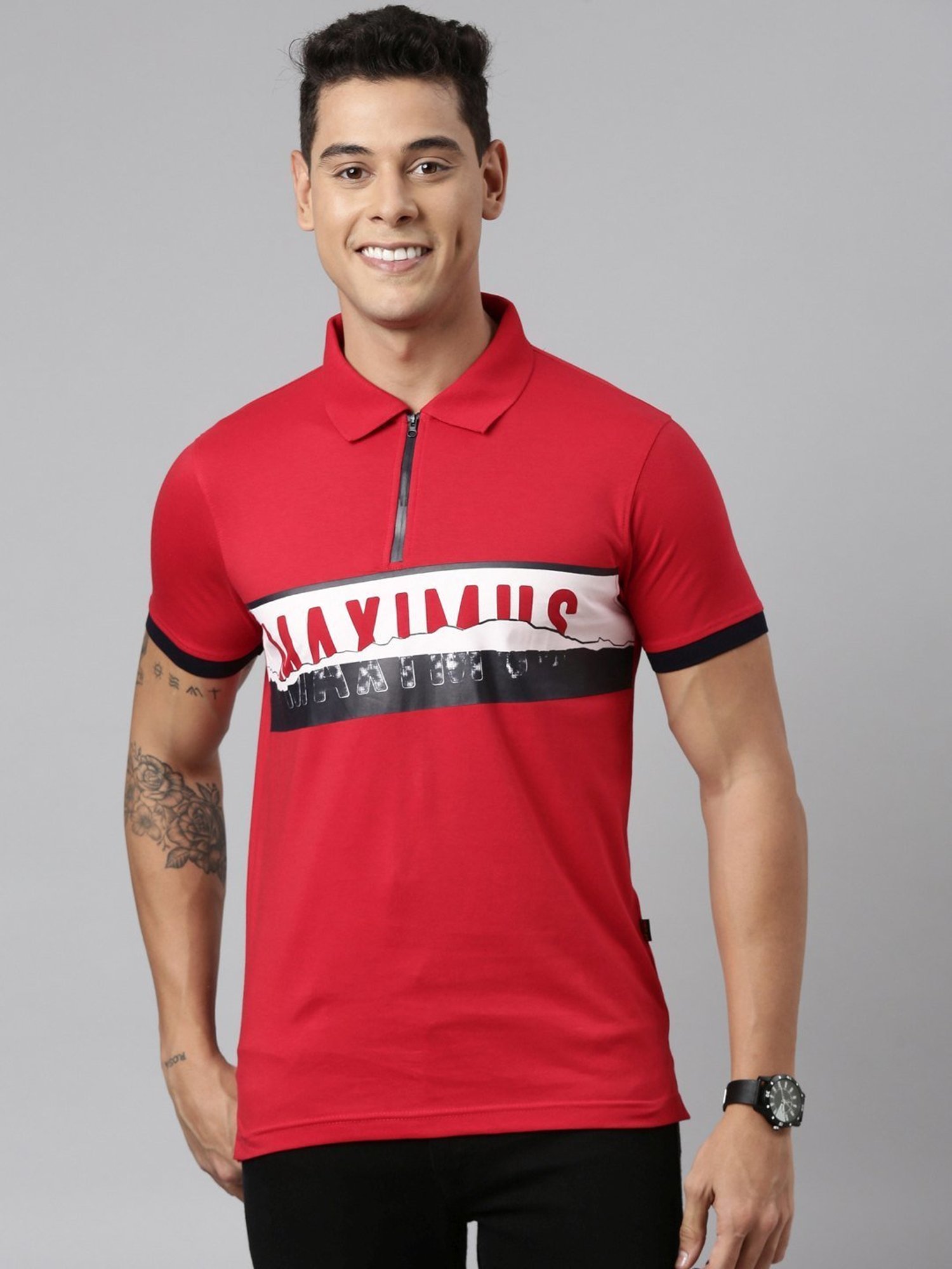 Dixcy Scott Maximus Red Cotton Regular Fit Printed Polo T-Shirt