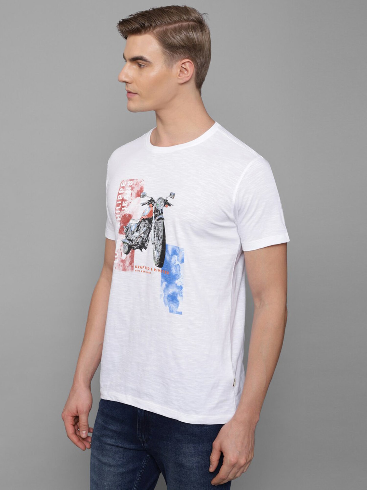 Louis Philippe Jeans White Cotton Slim Fit Printed T-Shirt