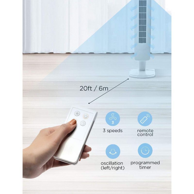 PELONIS FZ10-10JRH 40 Inch 3 Speed Oscillating Pedestal Tower Fan with Remote Control and 8 Hour Timer, Geometric White