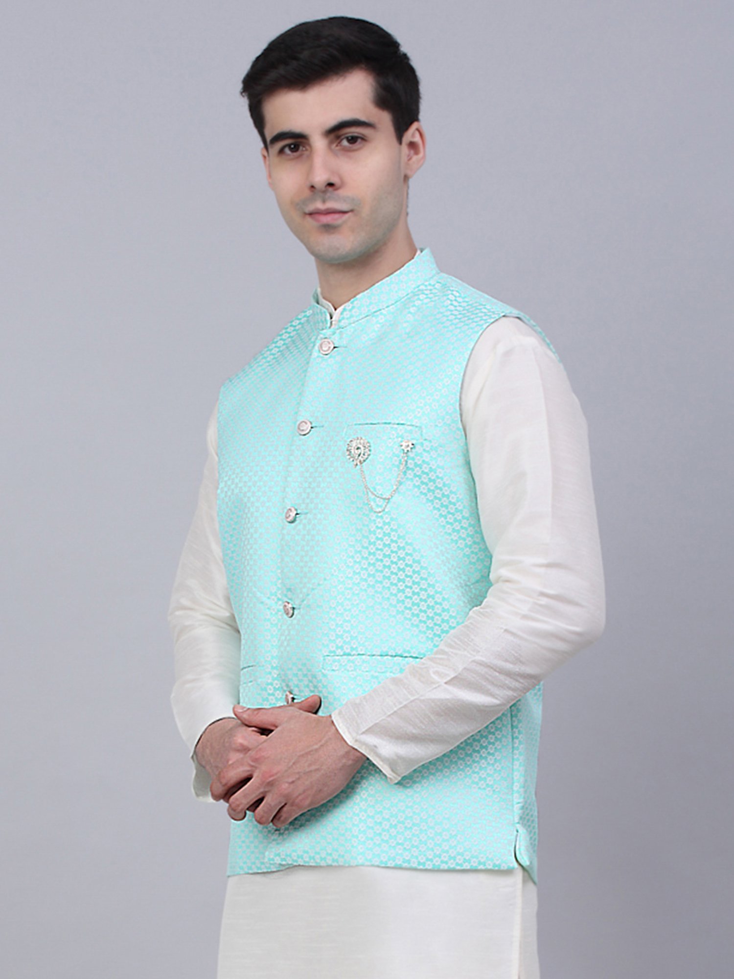Jompers Sky Blue Regular Fit Mandarin Collar Nehru Jacket