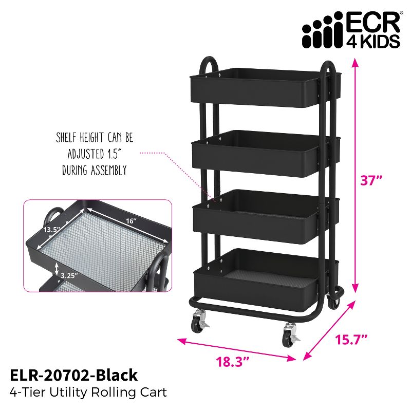 ECR4Kids 4-Tier Heavy-Duty Rolling Utility Cart - Mobile Storage Organizer - Black